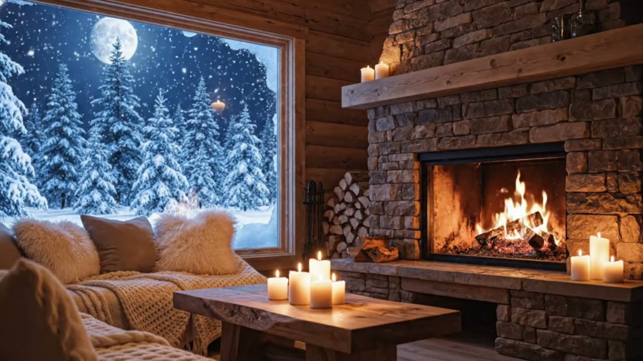 Cozy Winter Cabin Fireplace 🔥 Snowfall Outside | Relaxing Fireplace Sounds & Calm Music