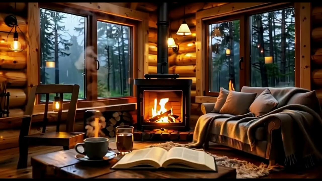 Cozy Cabin Rain Ambience | Warm Fireplace, Soft Lighting & Rain Sounds