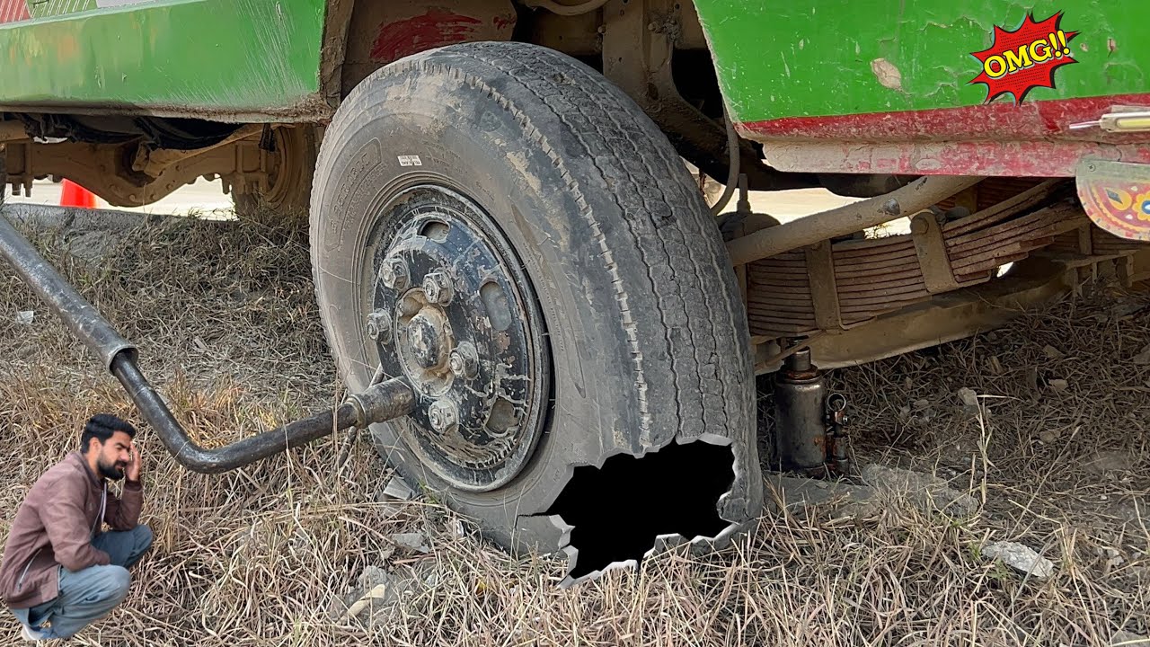 Front Tyre Blast Emergency Repair | Coaster Bus Roadside Fix by Pakistani Mechanic