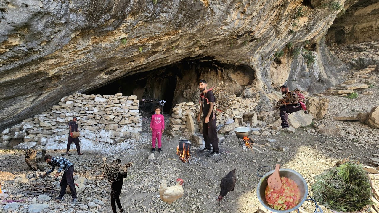 Hidden Cave Life in Iran&rsquo;s Zagros Mountains |Collecting Wild Herbs and Traditional Cooking Over Fire