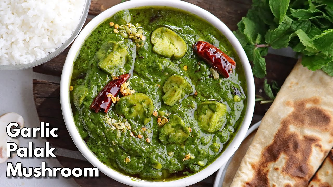 పాలక్ గార్లిక్ మష్రూమ్ | Dabha Style Lasooni / Garlic Palak Mushroom curry recipe by @VismaiFood​