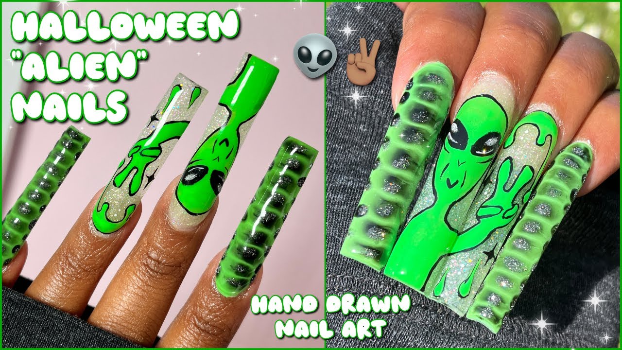MY FIRST HALLOWEEN NAIL DESIGN 💚 | TRYING NEW ACRYLICS! | ALIEN NAIL ART