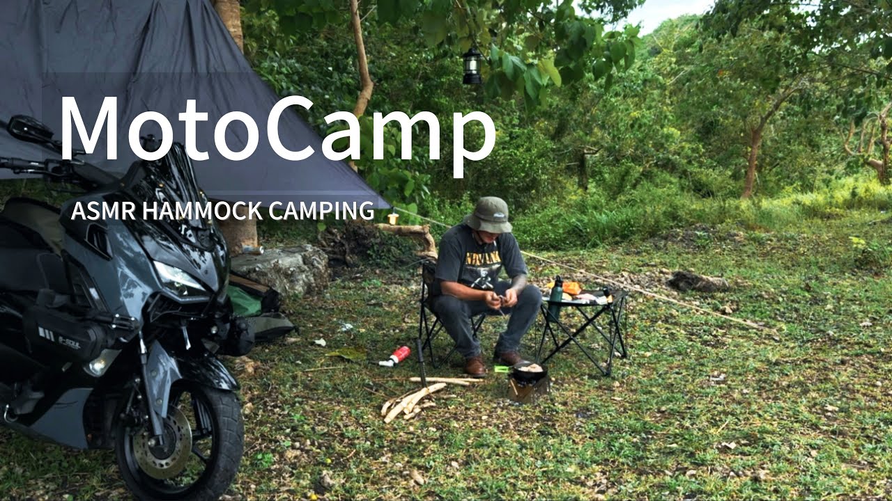 MOTOCAMP ASMR | Hammock Camping Alone with Fire & Grill