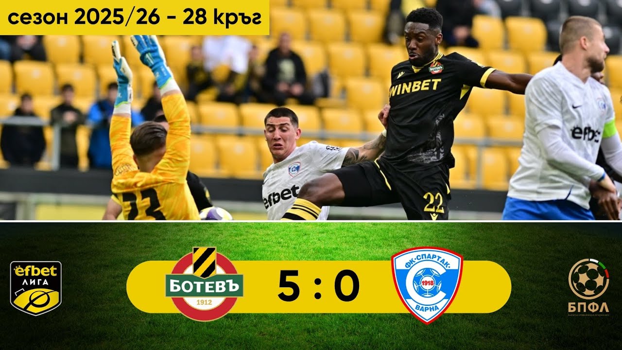 Ботев Пловдив - Спартак Варна 5:0 (28 кръг, efbet Лига, сезон 2025/26)
