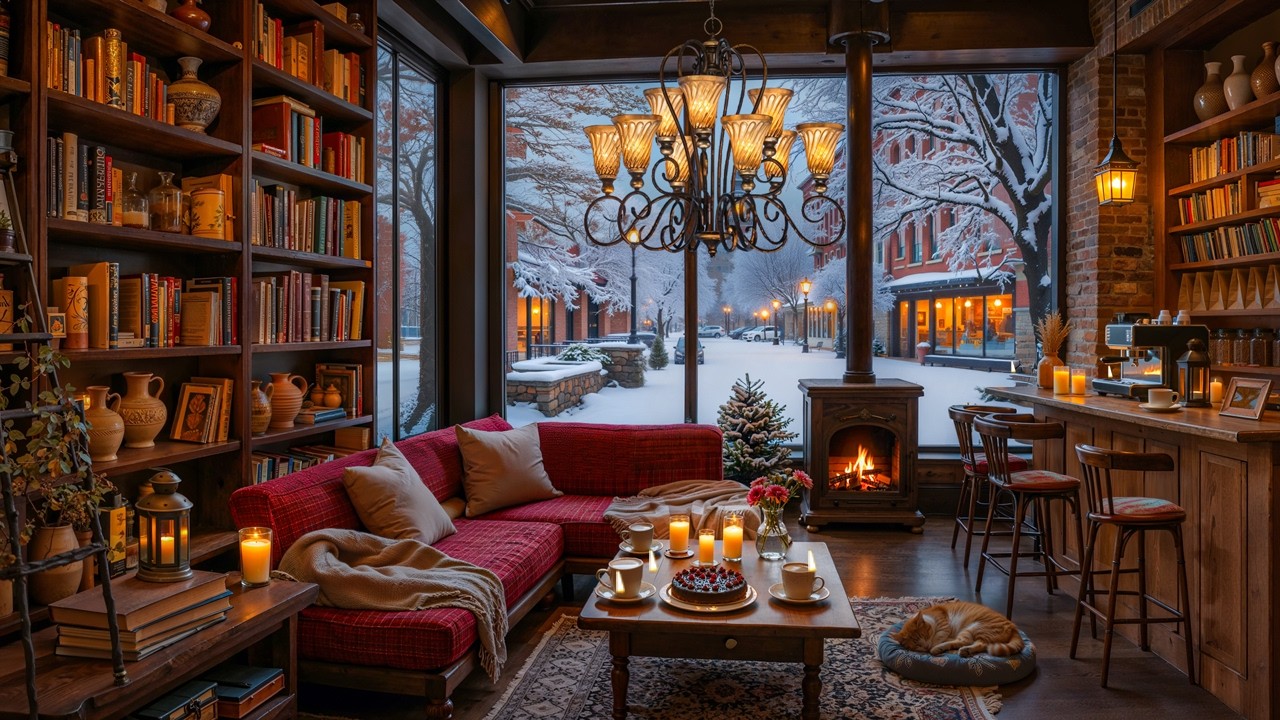 Warm Jazz in Cozy Coffee Shop ~ Relaxing Background Jazz with Silent Morningn & Gentle Snowfall