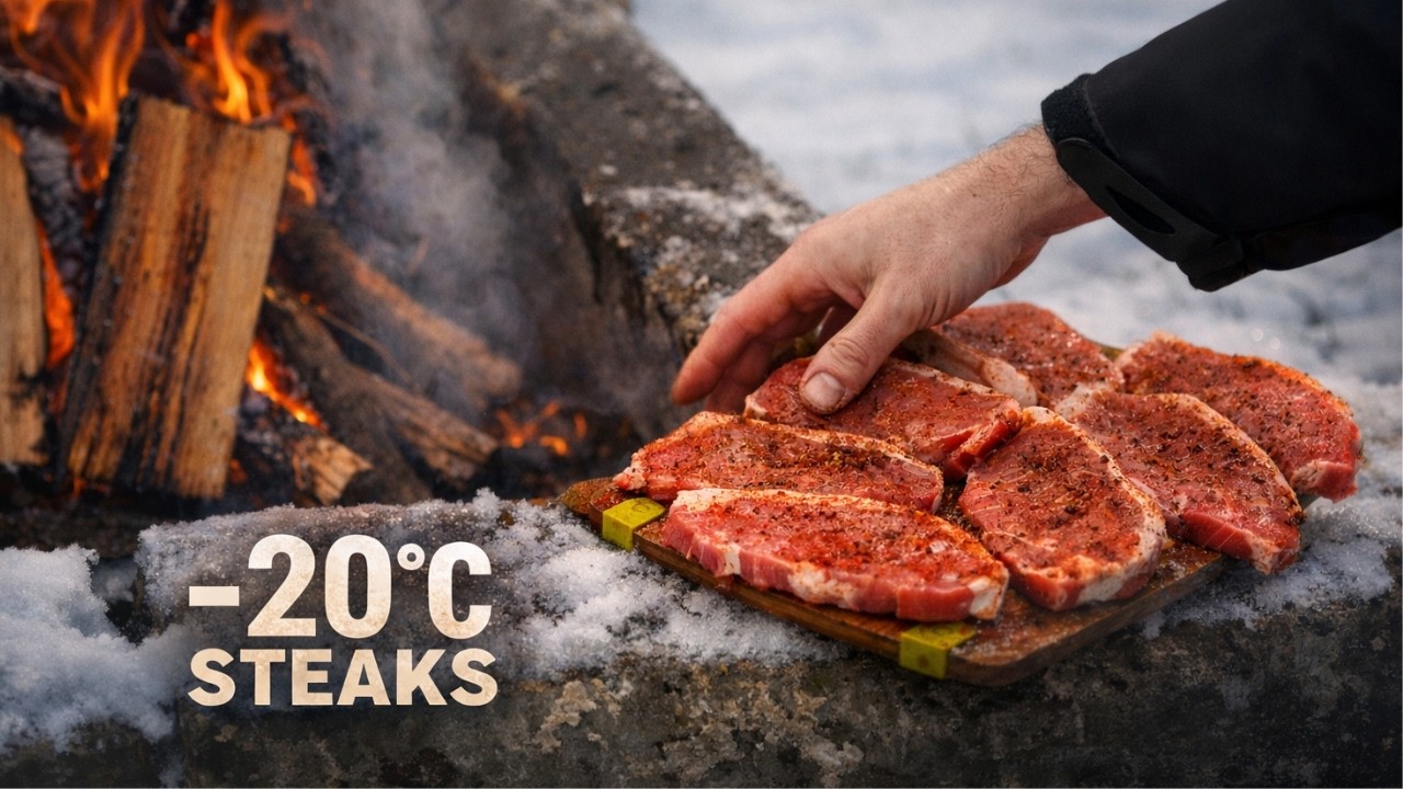 ASMR — -20°C WINTER STEAK GRILLING • FIRE vs COLD • NO TALKING