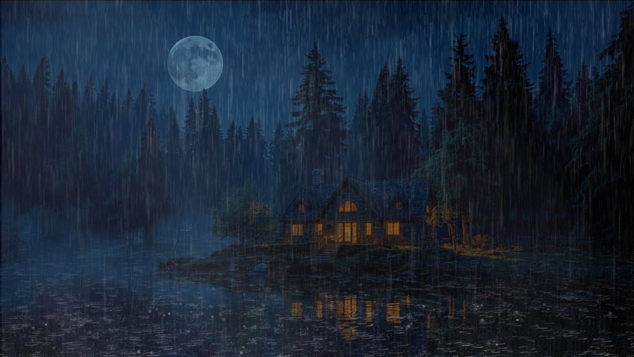 Heavy Rain & Full Moon Night 🌙 Peaceful Cabin Lake Sounds for Sleeping