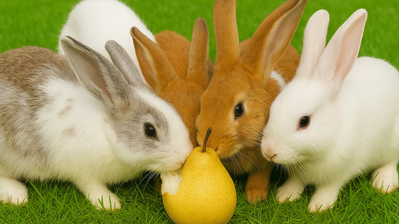 So funny! The rabbits fell in love with the Pear fruit!