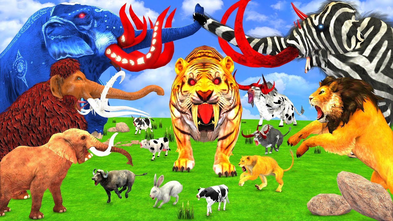 3 Giant Elephant Cow Vs Hybrid Elephant Zebra Vs 5 Giant Lion Tiger Vs Bulls Saved By Woolly Mammoth