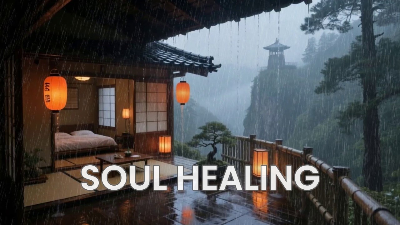 12 hours Soul Soothing Night Rain Sounds in Cozy Cliffside Bedroom with Pagoda View to Sleep Fast 🏮