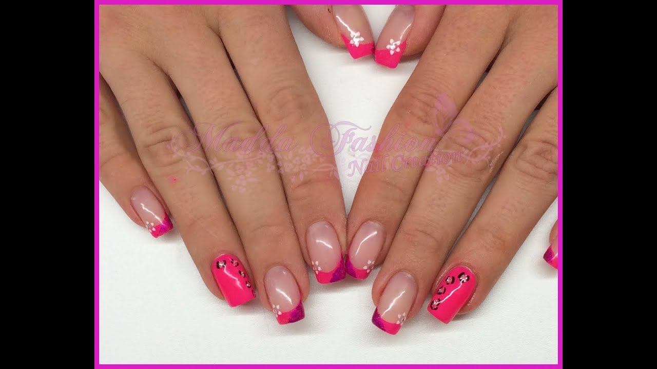 Nail Art - french e mono rosa fluo, maculato, foil e stickers fiore || Madda.fashion