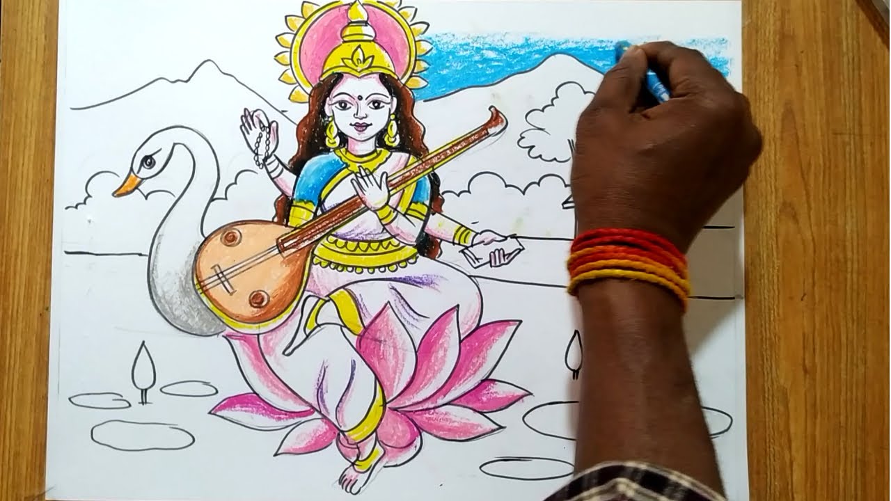 how to draw saraswati devi,maa saraswati drawing with oil pastel color,saraswati thakur drawing ,