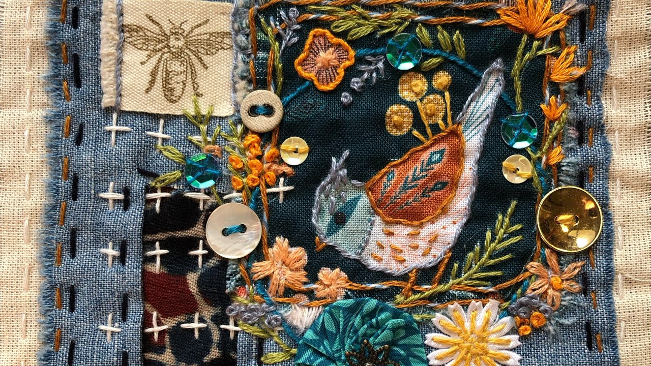 Beautiful slow stitch bird, flower and foliage #stitcheryswap square from Annie @artyfartyannie