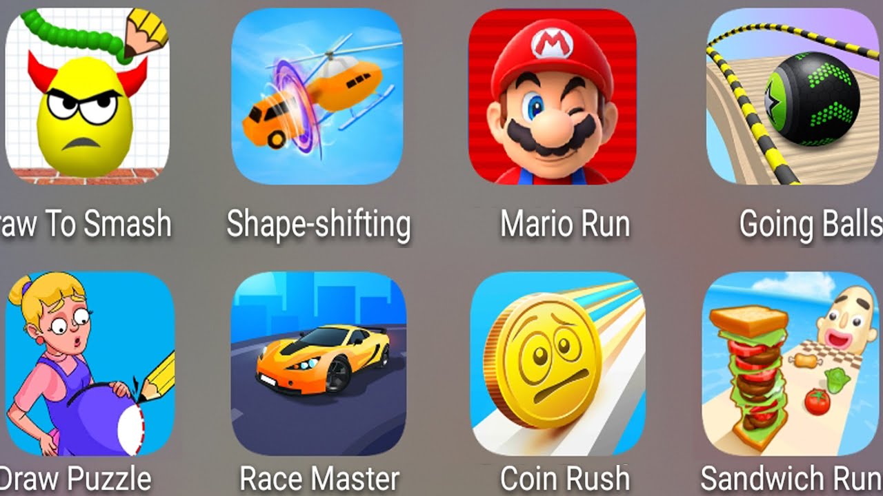 Draw Puzzle,Mario Run,Race Master,Coin Rush,Kick The Ragdoll,Going Balls,Sandwich Runner,Heroes....