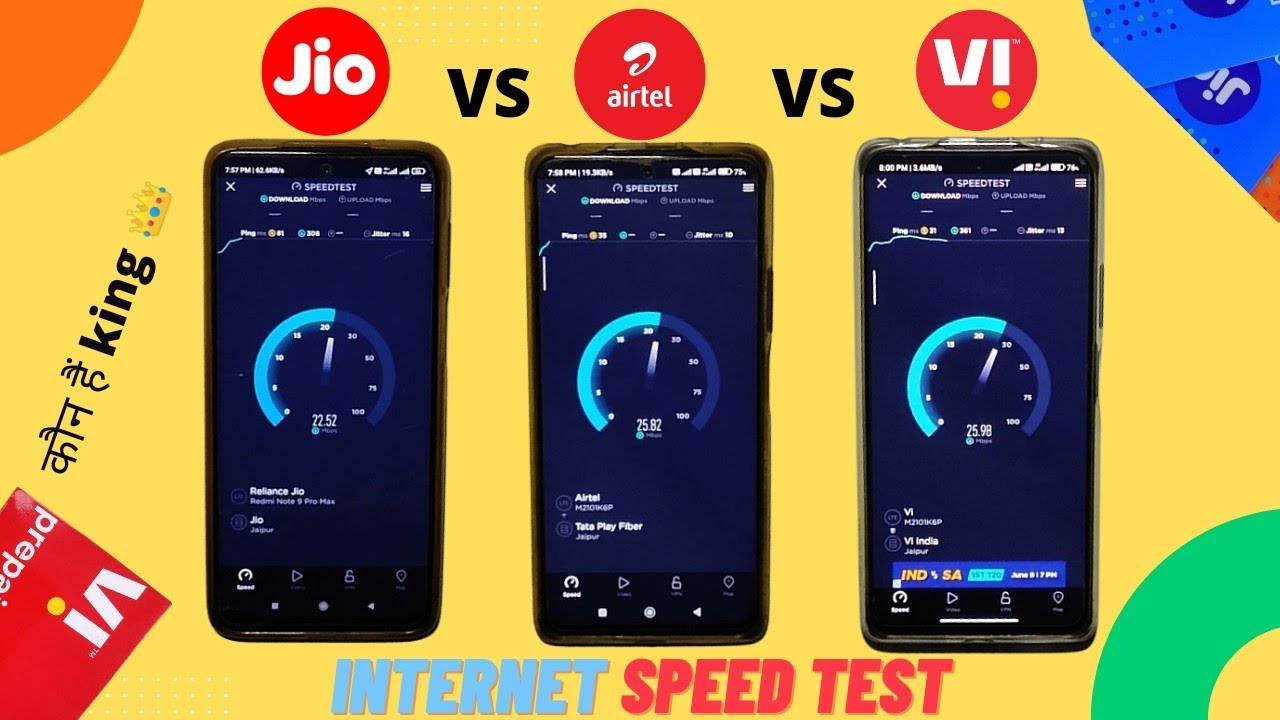 Jio Vs Airtel Vs Vi(Vodafone idea) Full Internet Speed Test | kon hai badshah👑| Internet Speed Test