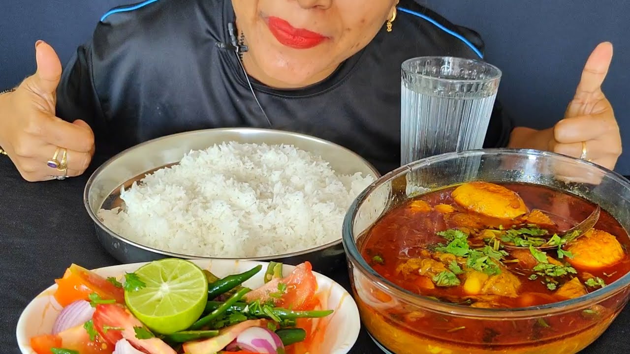 Eating Mutton | Egg | Aloo Curry With Rice 🍚 Salad 🥗 Asmr Mukbang
