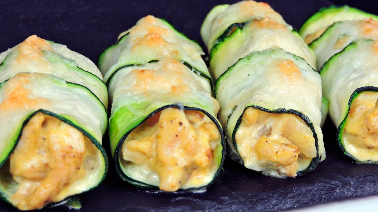 Canelones de calabacín rellenos de pollo al curry