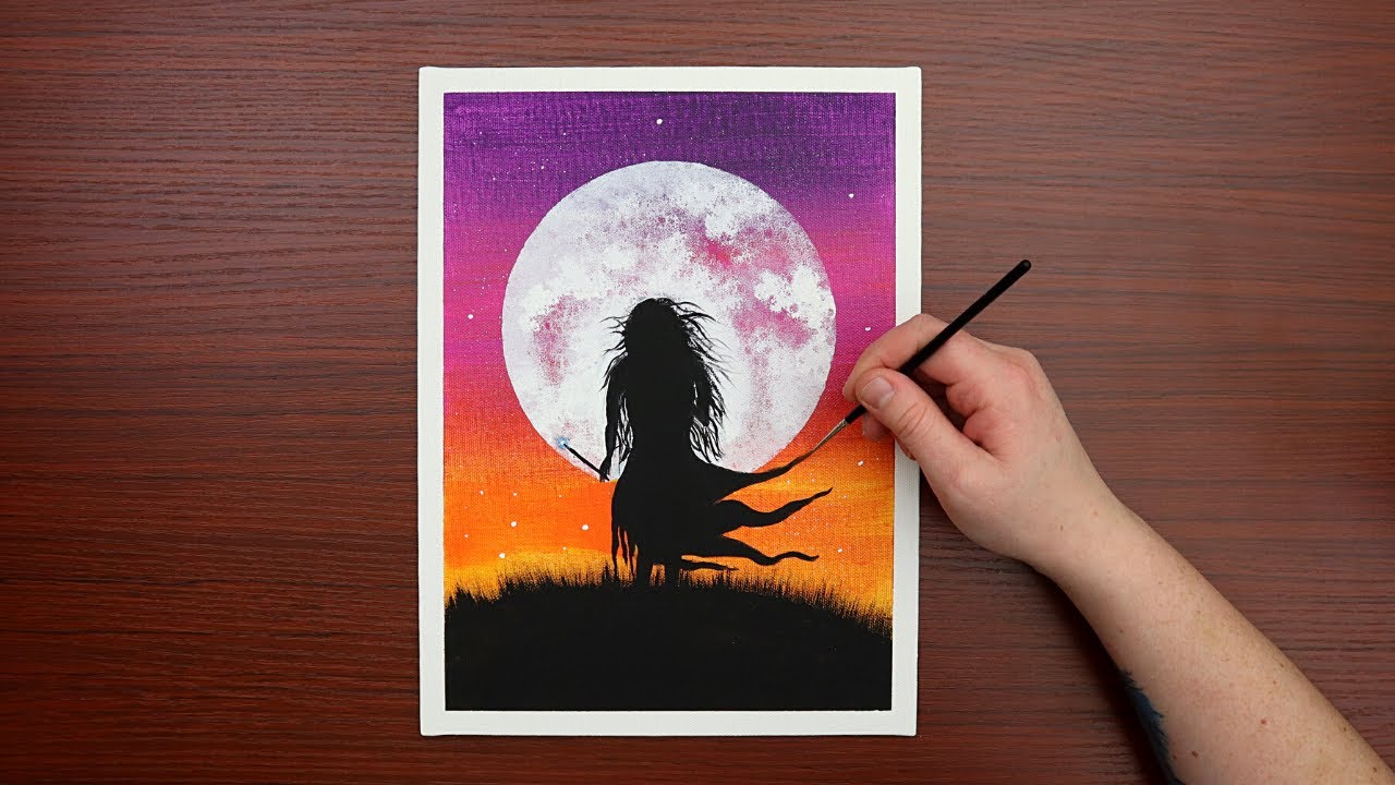 The Witch & Full Moon Enchantment / Easy Acrylic Painting for Beginners / Step by Step #55