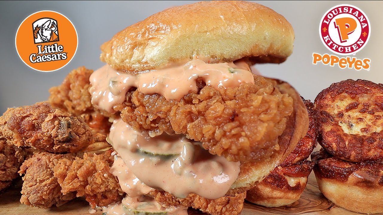MUKBANG EATING POPEYES FRIED CHICKEN SANDWICH CRISPY FRIED CHICKEN LITTLE CAESARS CRAZY PUFFS ASMR