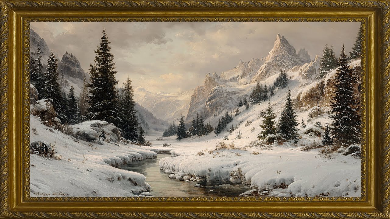 Winter Mountain, Vintage Oil Painting | Framed TV Art Screensaver | Cozy Snowy Ambience with Music