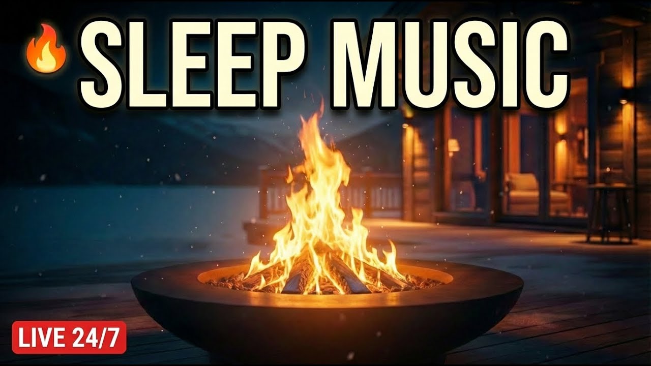 Fireplace Sleep Music — Cozy Winter Cabin + Snowfall