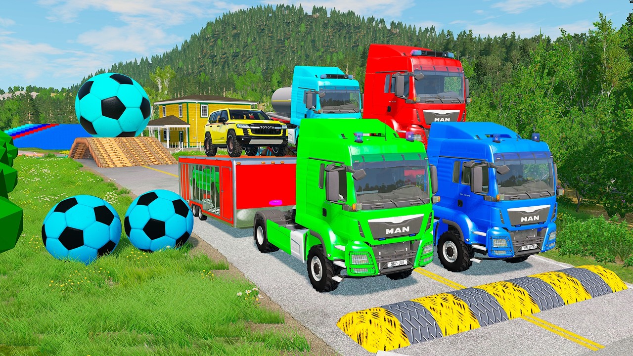 Flatbed Trailer McQueen Transportation with Truck - Speedbumps vs Cars vs Train - BeamNG.Drive #10