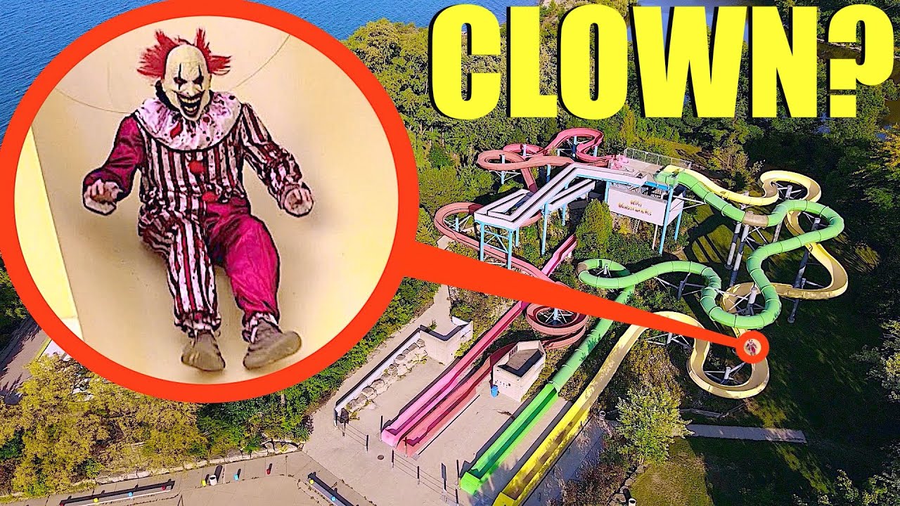 drone catches crazy clown at abandoned water park (it was going down the slides)