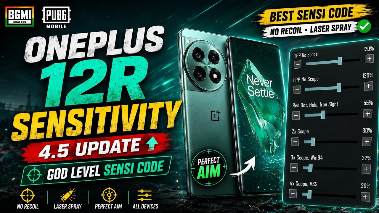 OnePlus 12R Sensitivity 4.5 Update Bgmi & Pubg | God Level Sensi Code for Oneplus 12r Mobile 4.5 