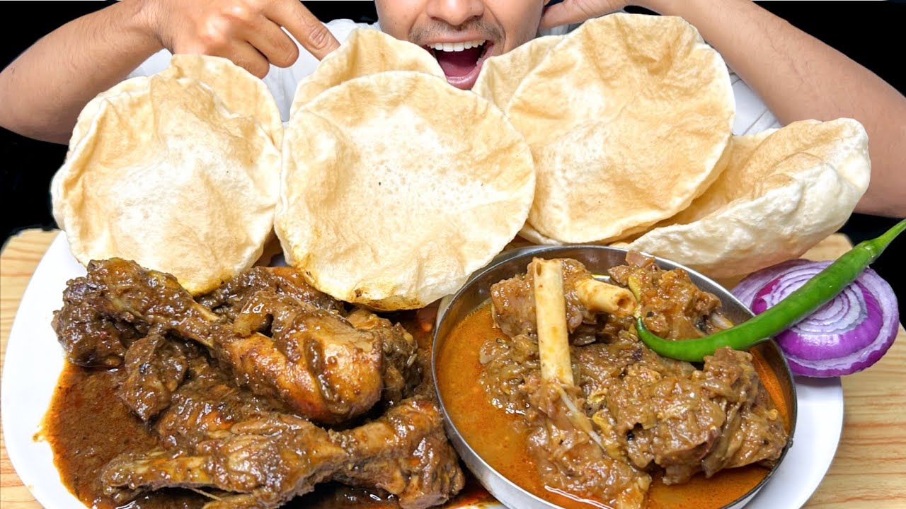 Eating Mutton Curry|| Chicken Bhuna Curry with Puri Eating So #food #mukbang #eating 