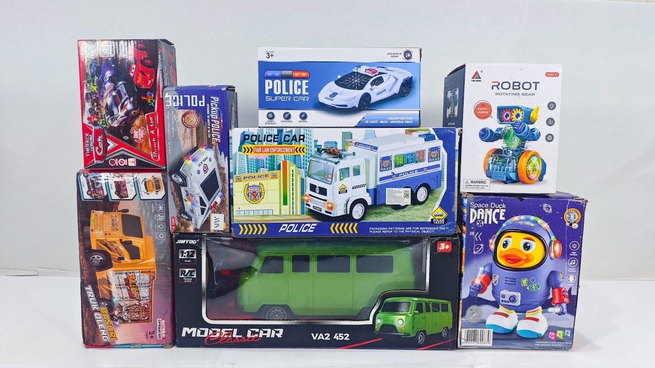 Unboxing Vintage RC Van, Cartoon Racing Car, Police Transport Truck & Oleng Truck