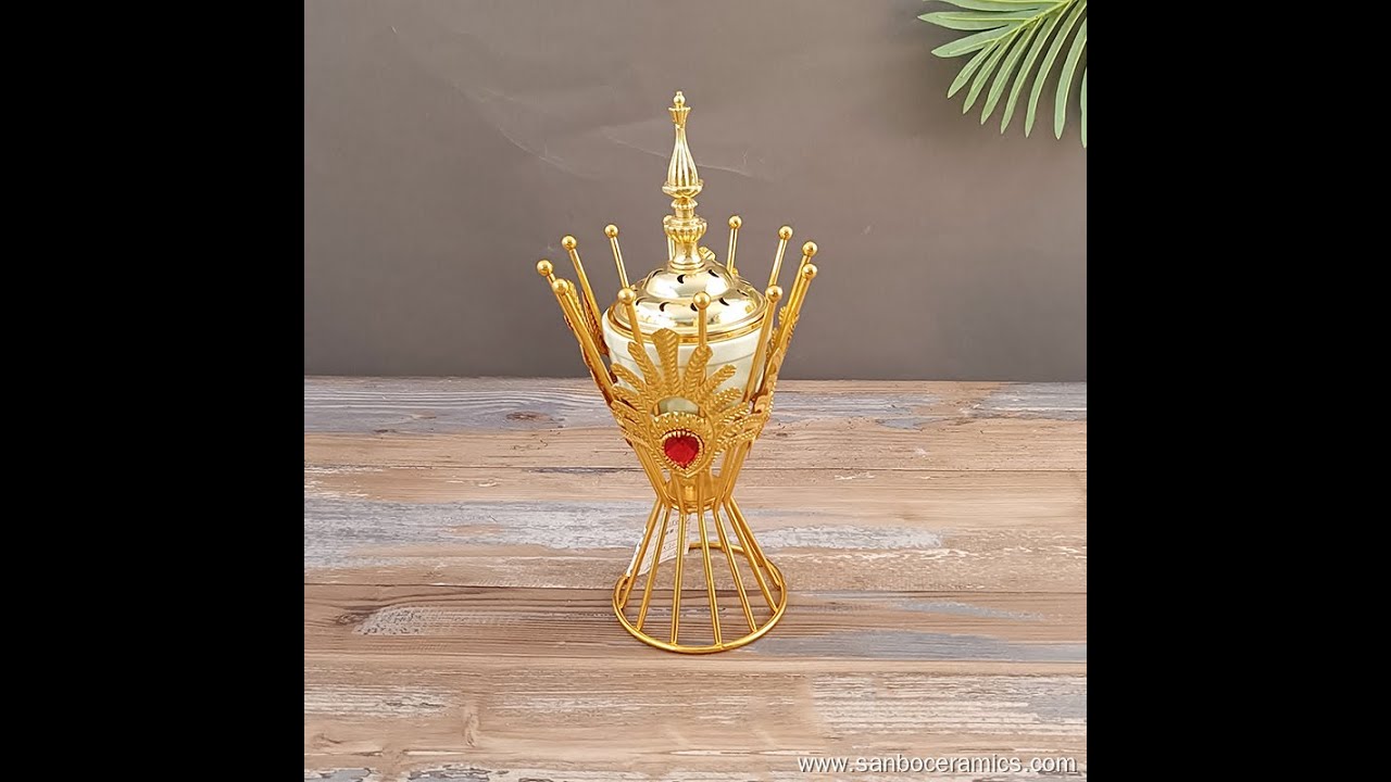 Luxe Electroplated Gold Floral Incense Holder with Crystal Decor Eco-Friendly Gift Box Packaging