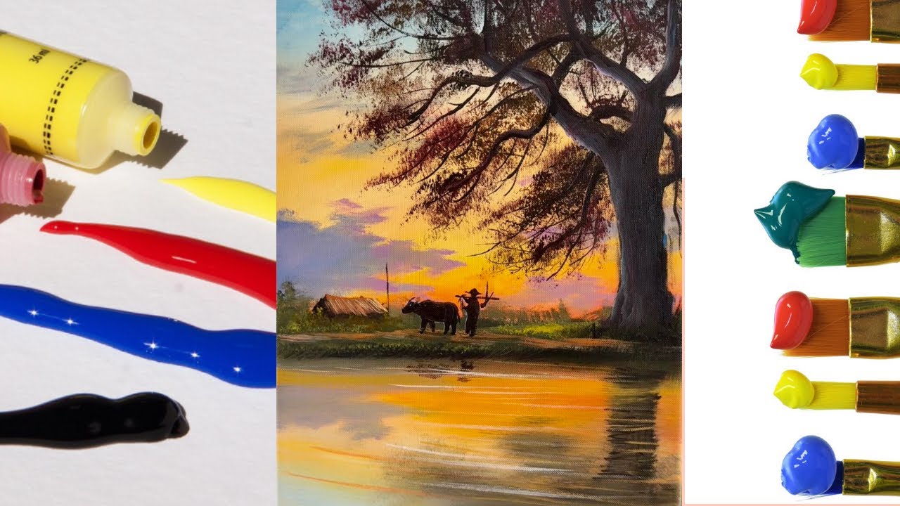 Peaceful Sunset Countryside Painting | Man, Buffalo & River Reflection | Acrylic on Canvas