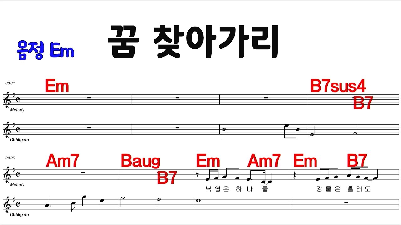 꿈 찾아가리 Em 버들피리  /M.R 반주 / 전.간주 계명표기 통기타 악보영상