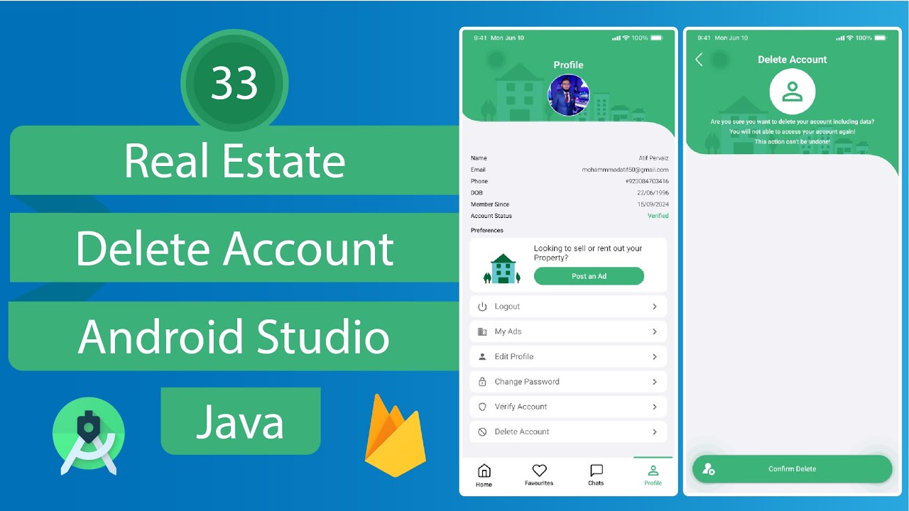 Real Estate App - 33 Delete Account - Android Studio - Java