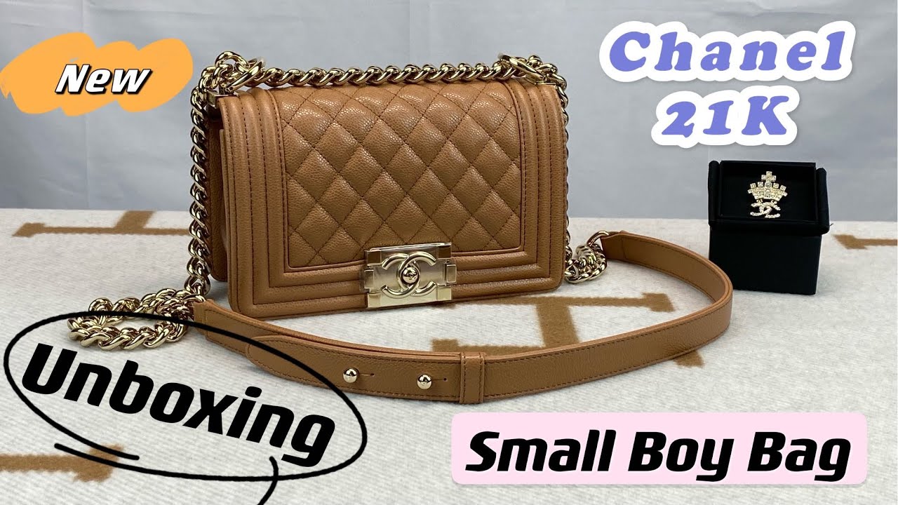 Unboxing Chanel 21K Caramel Caviar Small Boy Bag with Champagne Gold Hardware Same with 21P Caramel!
