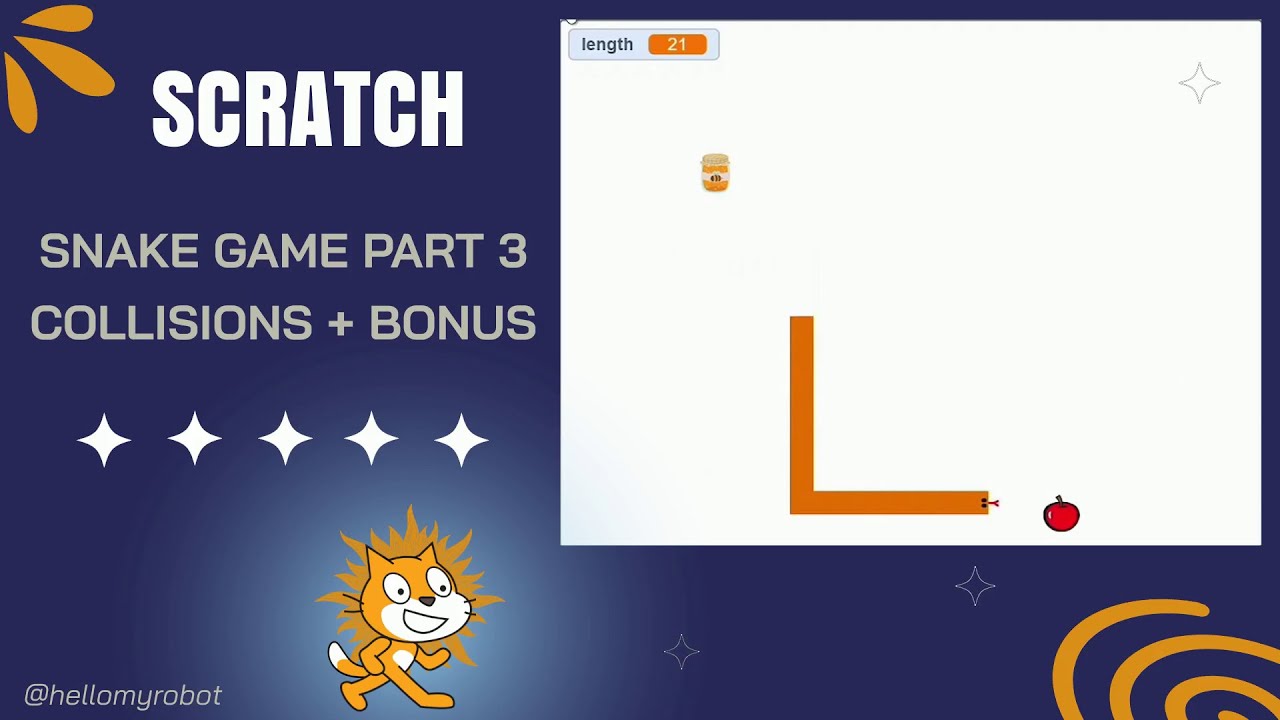 SCRATCH COURSE - SNAKE GAME PART 3 - Snake collision detection // Adding a bonus to the game