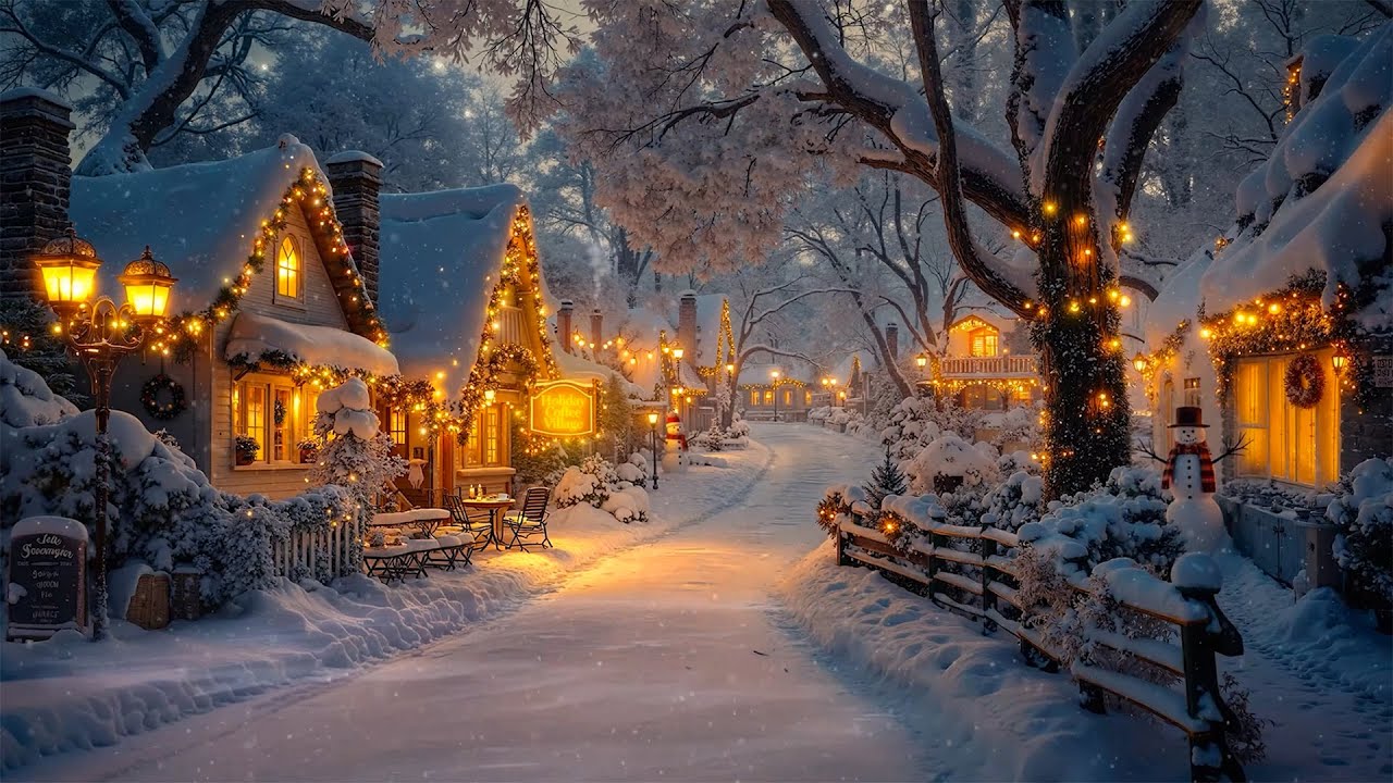 Relaxing Jazz on a Quiet Christmas Village Night🎄Cozy Snowy Café Ambience for Peaceful Holiday Vibes