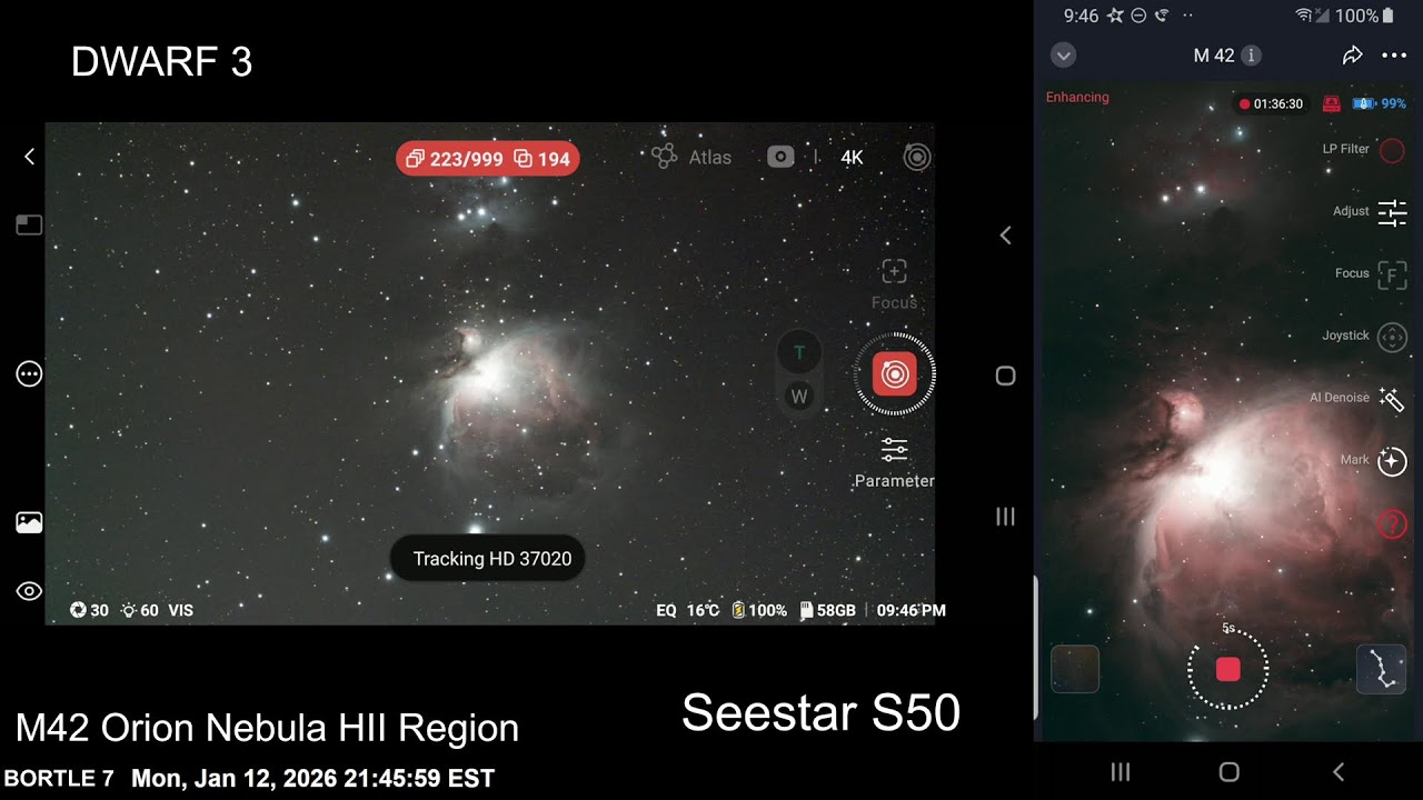 M42 Orion Nebula HII Region - Jan 12 2026 - Seestar S50 and Dwarf3