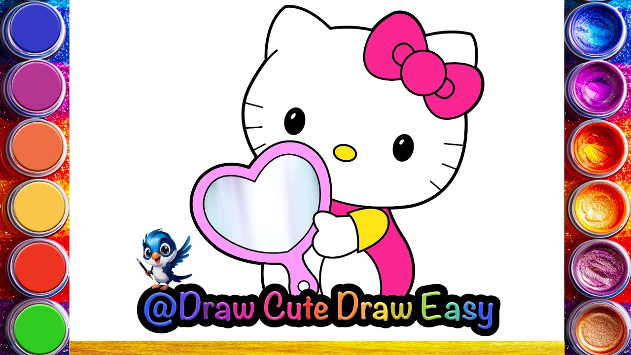 How to draw Hello Kitty 💖🪞🎀🌈 | step-by-step Hello Kitty drawing for kids | colouring  | heart mirror
