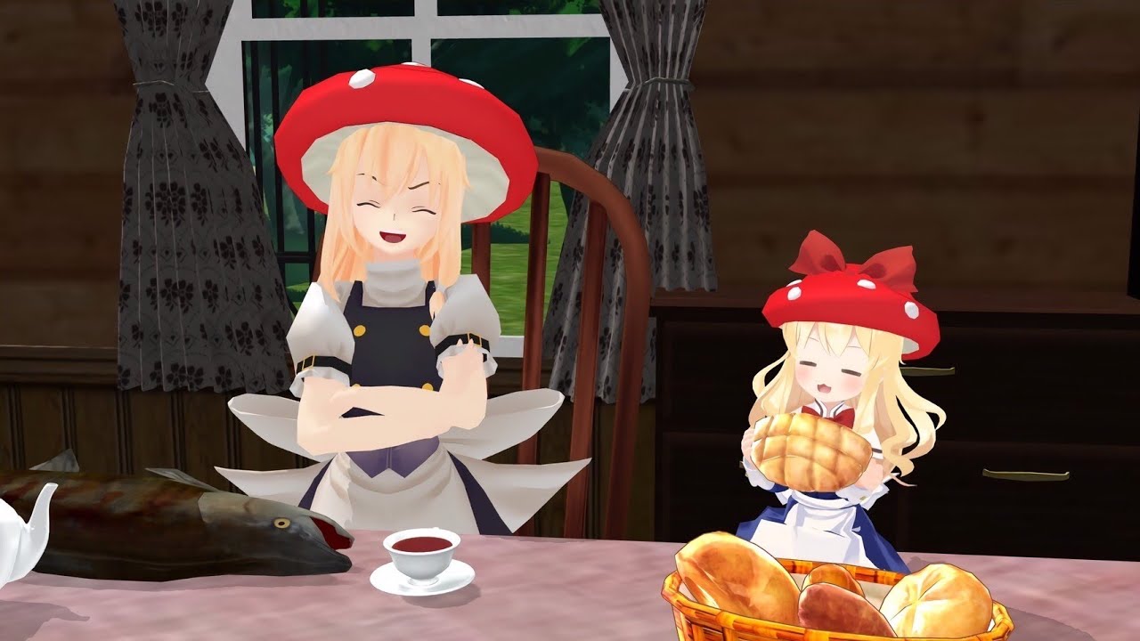 【東方MMD】魔理沙とアリスとパチュリーと上海ちゃん達のお食事会なのにキノコの帽子!?