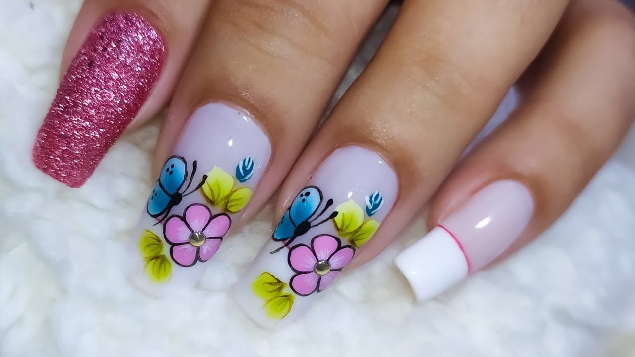 unhas decoradas para iniciantes + borboleta em carga dupla