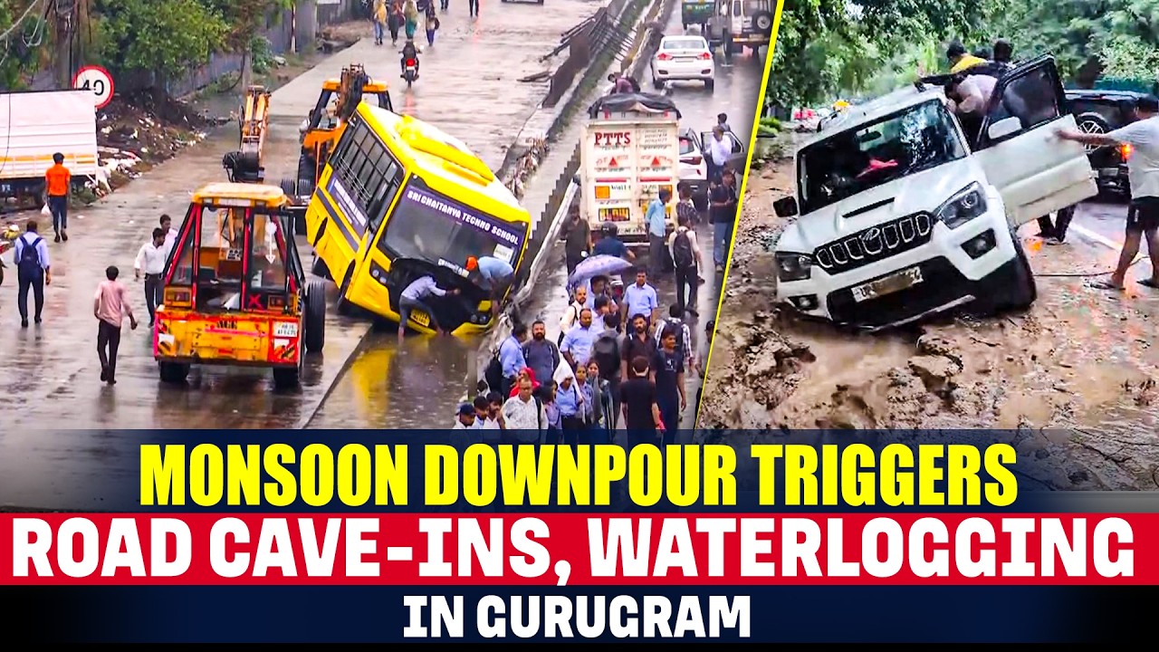 WATCH: First Monsoon Downpour Triggers Road Cave-Ins, Waterlogging, Traffic Jam in Gurugram |Haryana