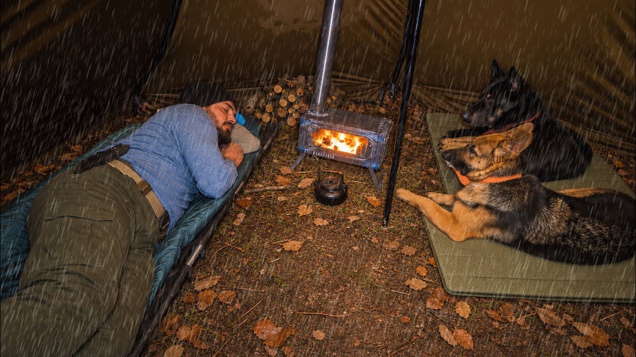 Epic Solo Camping in Heavy Rain with Dogs | Hot Tent in Winter Conditions