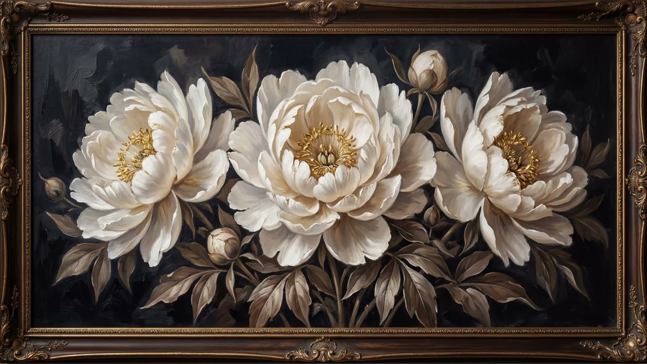 Vintage Botanical Peonies | 4K Oil Painting Screensaver for Relaxing Ambience