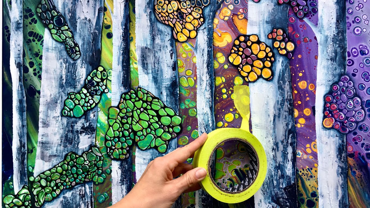 #161 MASKING TAPE ACRYLIC POUR #fluidart #painting #inspiration #acrylicpouring #birchtrees