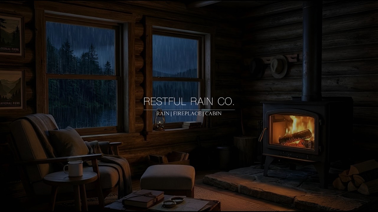 Warm Cabin Fireplace 🔥 Rain Sounds & Cozy Night Ambience for Sleep