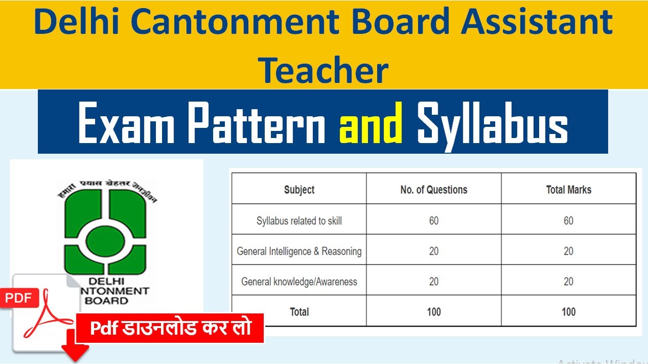 Delhi Cantonment Board Assistant Teacher Syllabus 2023| Cantonment Board Teacher Syllabus in Hindi