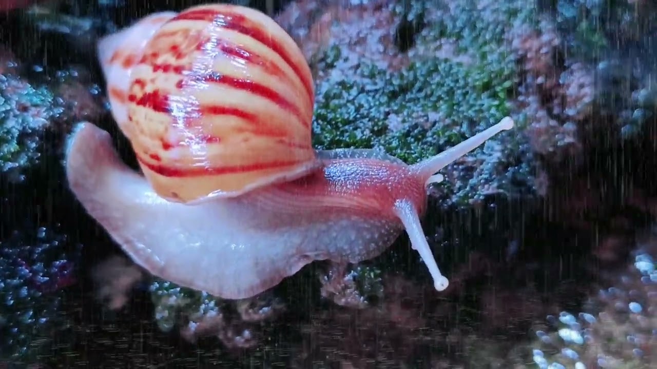 Peaceful Rainy Day: Giant Snail Journey on Ancient Moss.