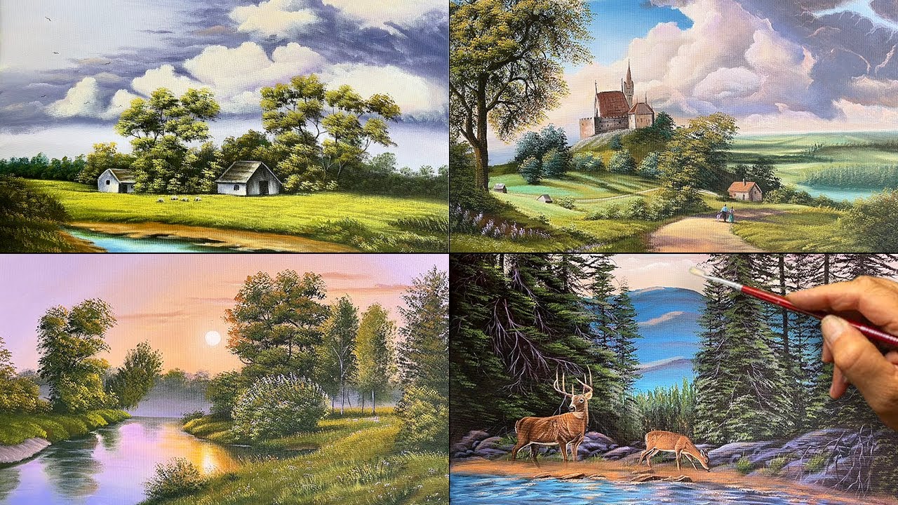 4 Beautiful Landscape Paintings in One Video | Calm Nature Acrylic Painting Tutorial