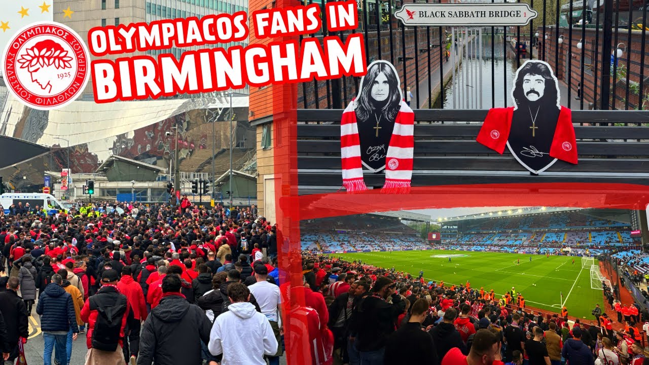 CRAZY OLYMPIACOS FANS IN BIRMINGHAM🔥RED & WHITE SEA 😲